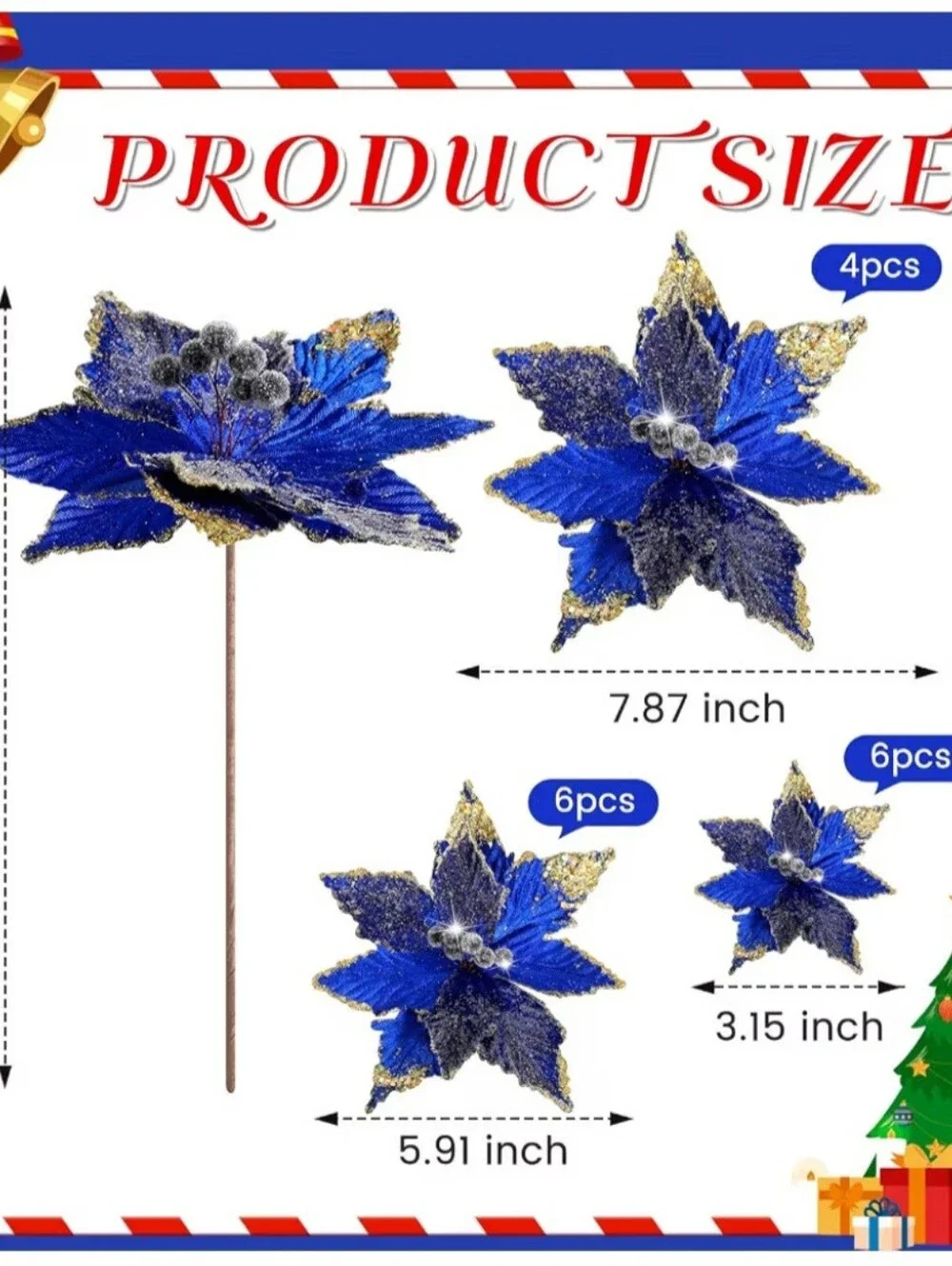 Blue Velvet Poinsettia Holiday Ornaments - Home Holiday. 18 Pieces. NWT.